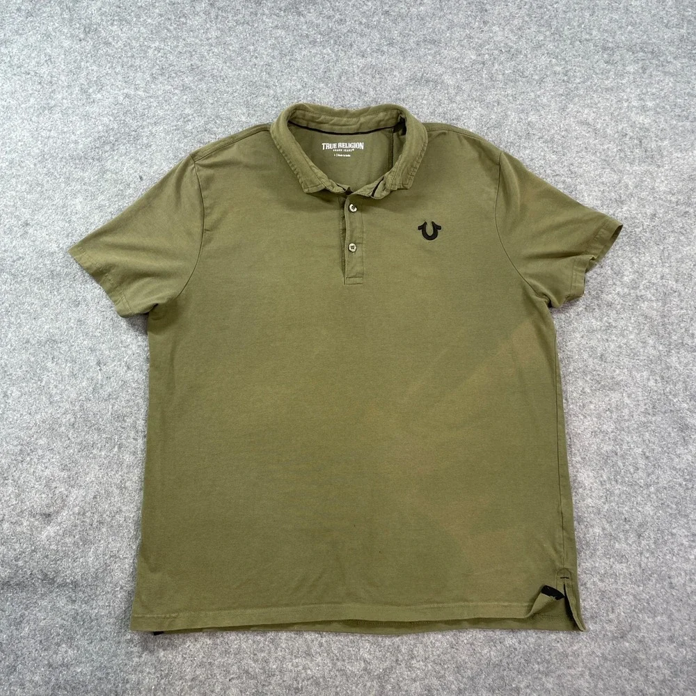 True Religion Mens Polo Shirt L Olive Stretch Short Sleeve Statement Cotton